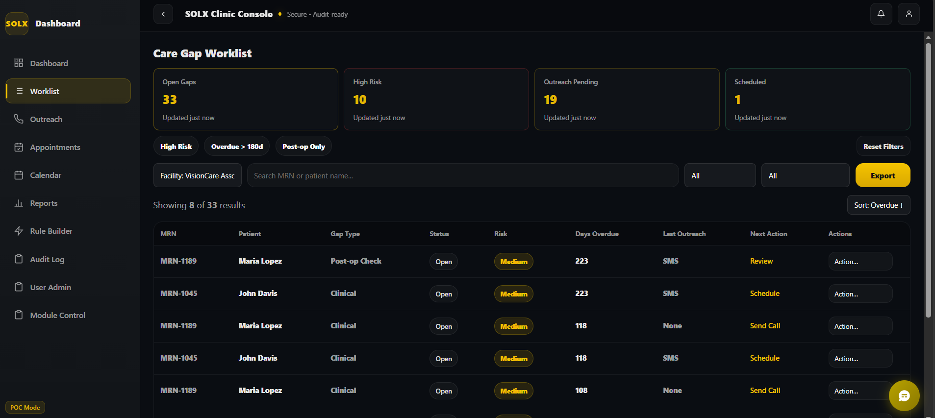 SOLX Patient Data Integration Platform dashboard showing unified patient and clinical data views